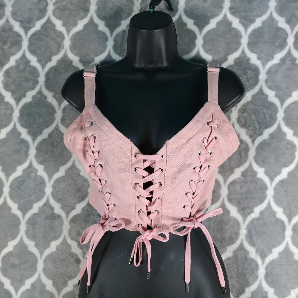 Club Exx Crop Top Women Large Pink Lace Up Bustier Festival Goth Pastel Y2K